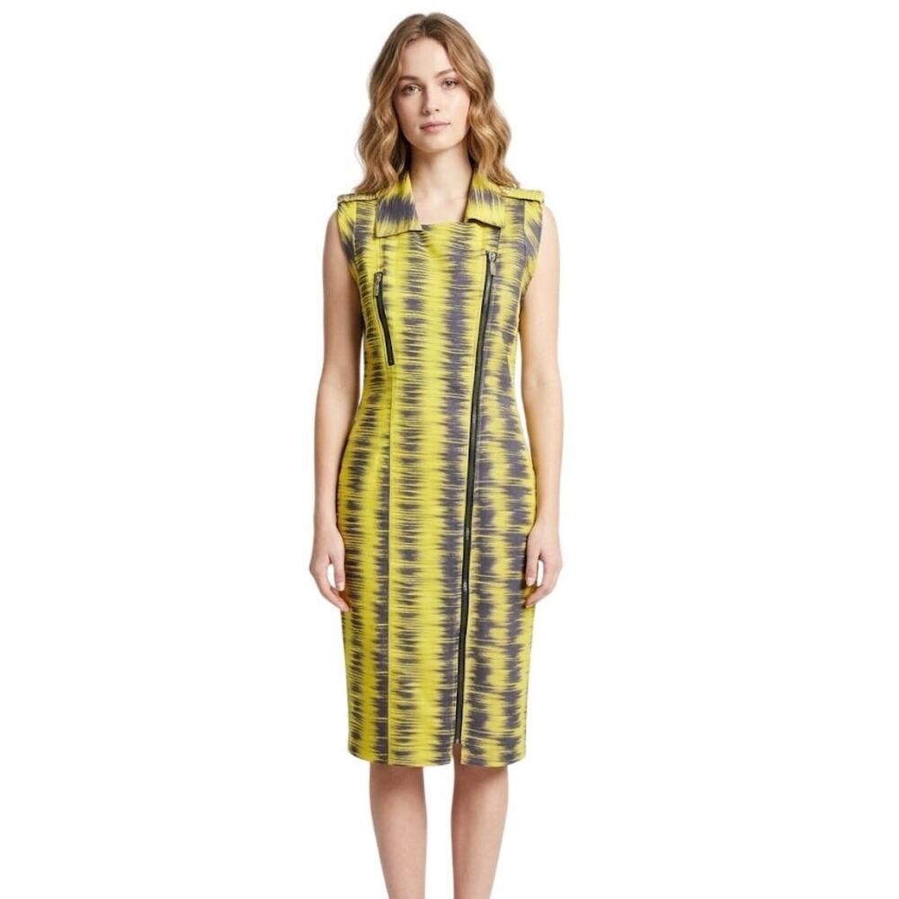 City Chic Moto Zip Sheath Dress Large Yellow Grey Ikat Abstract Edgy  Polyester
